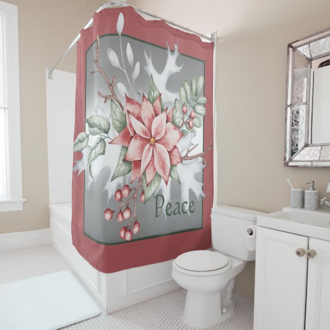 Rideaux De Douche Elégant poinsettia aquarelle personnalisée Noël (En situation)