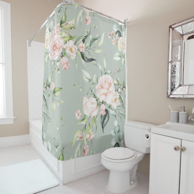 Rideaux De Douche Élégant rose blanc Eucalyptus Sage Vert (En situation)
