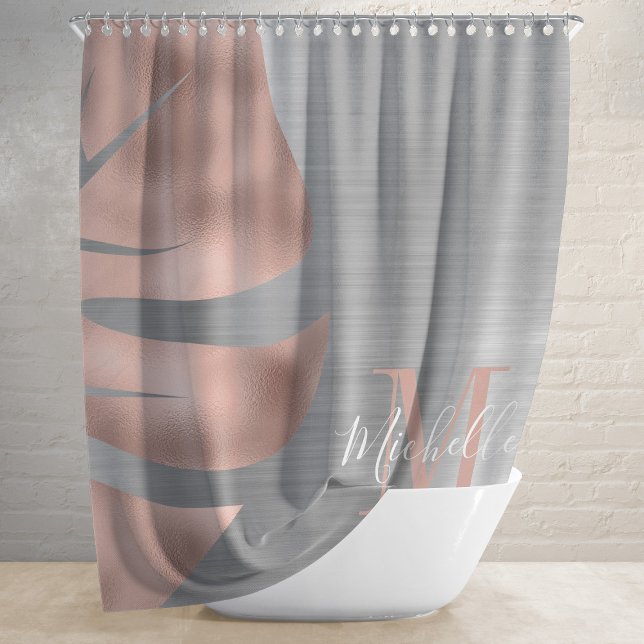 Rideaux De Douche Élégant Rose feuille de palme or Monogramme (Créateur téléchargé)