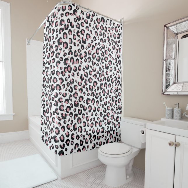 Rideaux De Douche Élégant Rose Léopard Noir Motif (En situation)