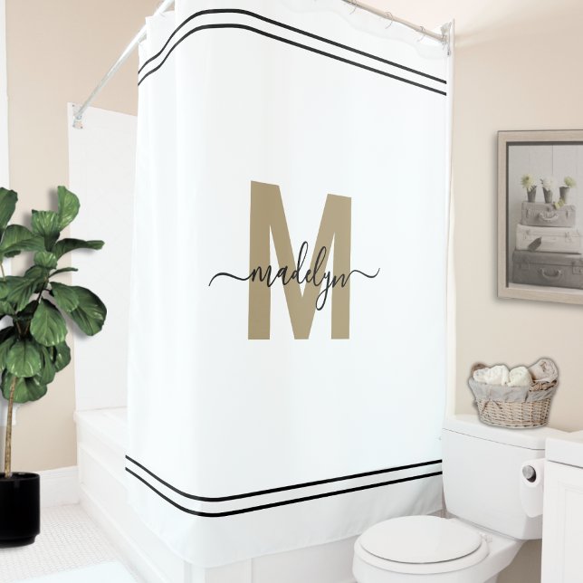 Rideaux De Douche Élégant Script Nom Monogrammé en Or Blanc Féminin (Elegant Script White Gold Monogram Name Feminine Shower Curtain)