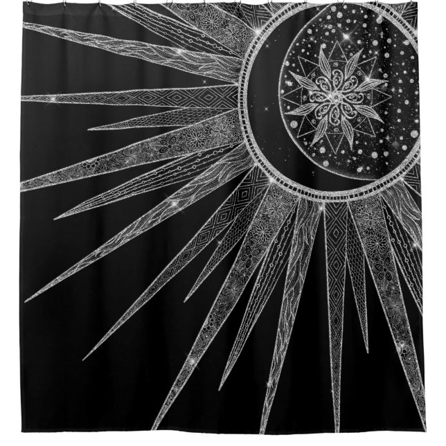 Rideaux De Douche Elégant Silver Sun Moon Mandala Black Design (Devant)