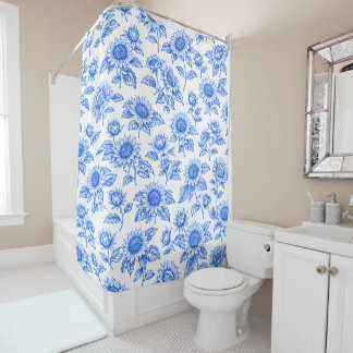 Rideaux De Douche Elegant Toile du Jouy Sunflowers – Blue Botanical 