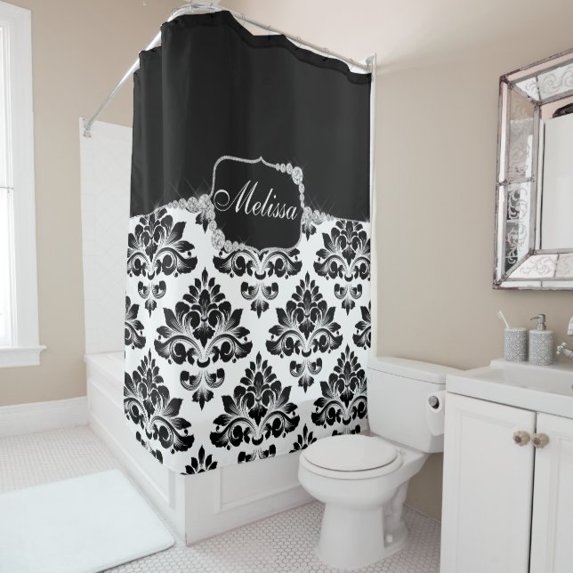Rideaux De Douche Élégant verre noir blanc Damas Diamants (En situation)