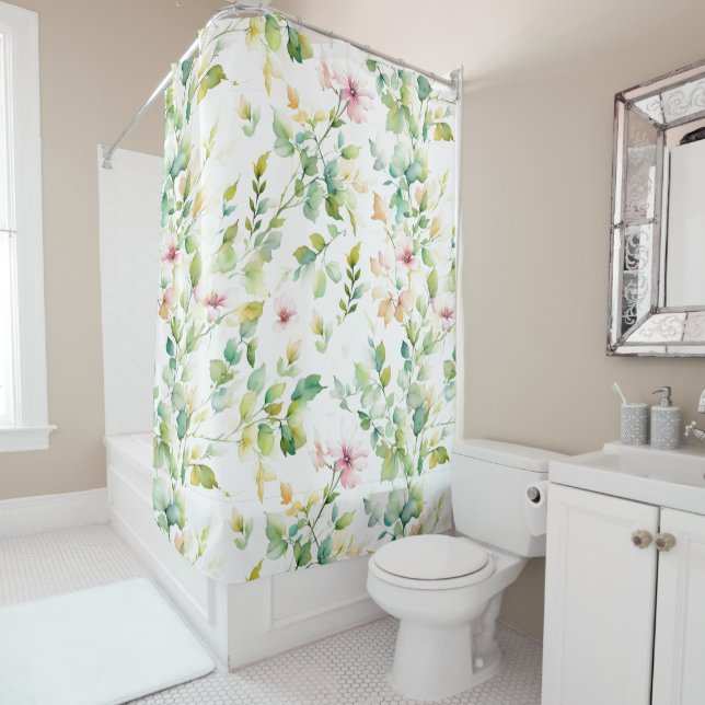 Rideaux De Douche Elégant vert fleurs sauvages d'aquarelle (En situation)