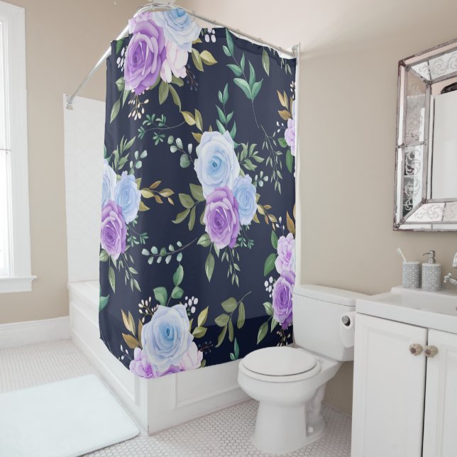 Rideaux De Douche Élégant violet fleuri (En situation)