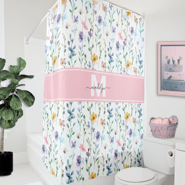 Rideaux De Douche Elegant Wildflower Monogram (Elegant Wildflower Script Monogram Shower Curtain)