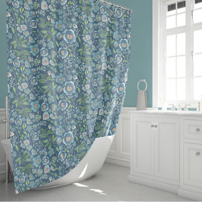 Rideaux De Douche Elégante aquarelle bleue motif floral (Elegant Blue Green Watercolor Floral Pattern Shower Curtain from Studio Posies.)