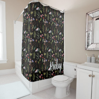 Rideaux De Douche Élégante aquarelle de fleurs sauvages noires blanc