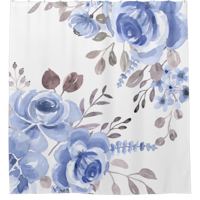 Rideaux De Douche Elégante Aquarelle Florale Bleue Poudre (Devant)
