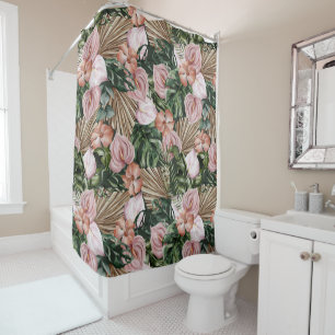 Rideaux De Douche Elégante aquarelle Tropical rose-vert