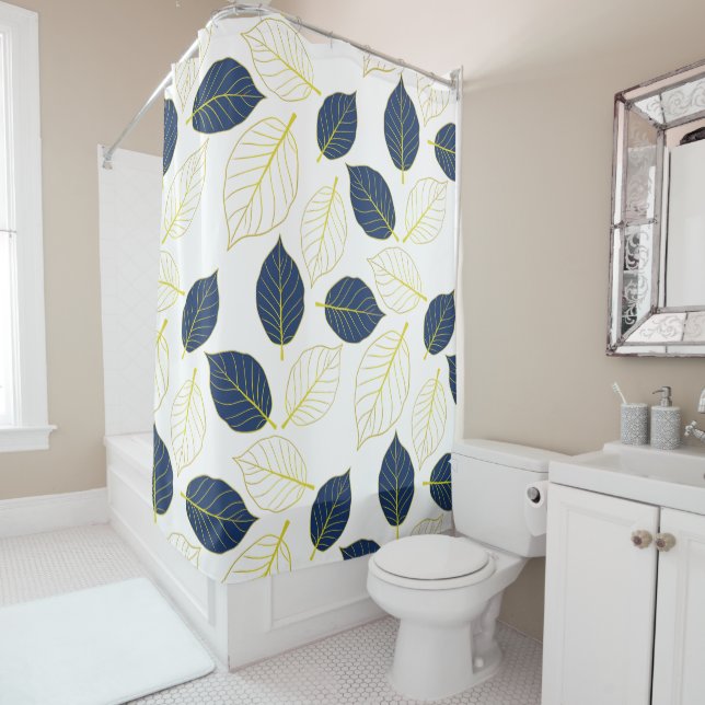 Rideaux De Douche Elégante feuille dorée et bleue | Motif botanique (En situation)