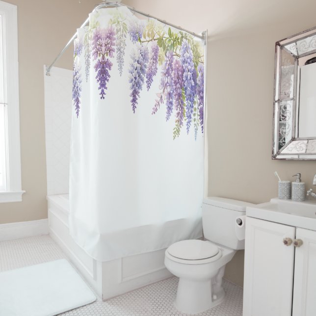 Rideaux De Douche Elégante glycine d'aquarelle violette florale (En situation)
