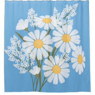 Rideaux De Douche Elégante marguerite florale blanche sur bleu