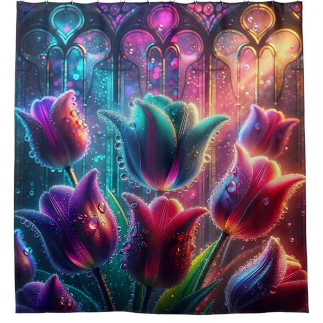 Rideaux De Douche "Élégantes Tulipes trempées de pluie dans les fenê (Devant)