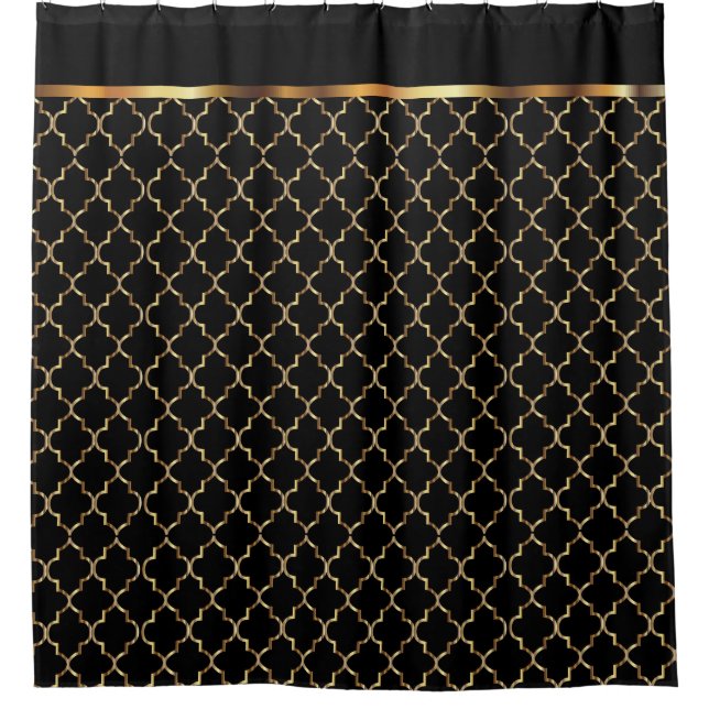 Rideaux De Douche Élégants Motifs de quatrefoil noir et or (Devant)