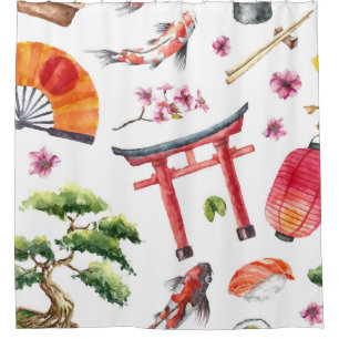 Rideaux De Douche Éléments japonais Aquarelle texture transparente