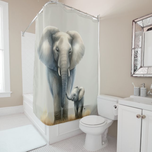 Rideaux De Douche Eléphant et bébé africain majestueux en aquarelle (En situation)