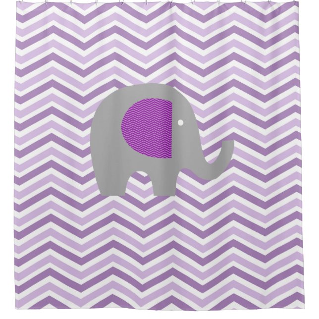 Rideaux De Douche Éléphant gris sur le pourpre, lavande, Chevron (Devant)