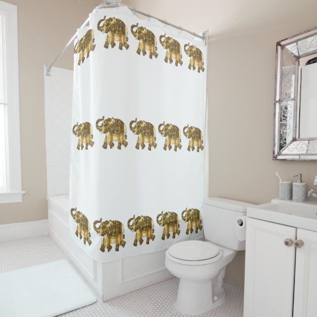 Rideaux De Douche Éléphants de marche de fantaisie d'or (En situation)