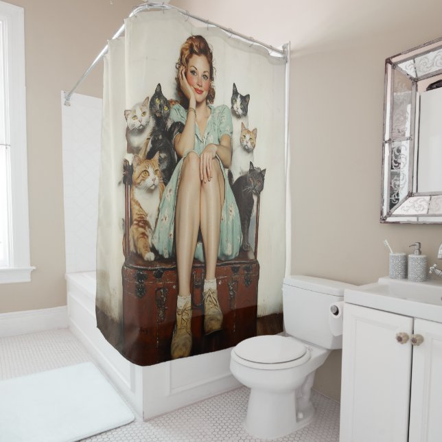 Rideaux De Douche Embracer les Vibes de Lady Cat Retro Crazy (En situation)