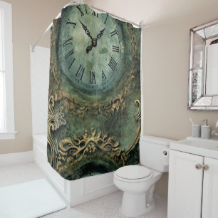 Rideaux De Douche Émeraude Green Rustic Steampunk Horloge (1)