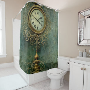 Rideaux De Douche Émeraude Green Rustic Steampunk Horloge (2)