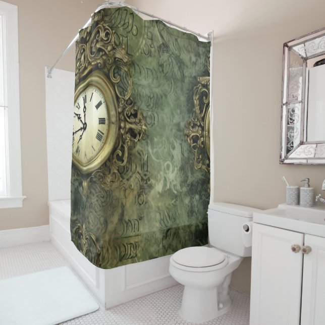 Rideaux De Douche Émeraude Green Rustic Steampunk Horloge (4)