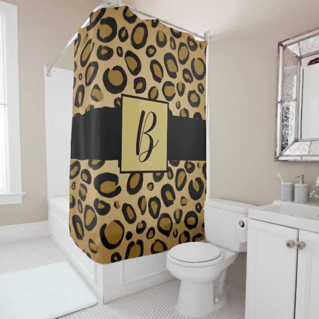 Rideaux De Douche Empreinte de léopard Cheetah Peint Spots Or Beige  (En situation)
