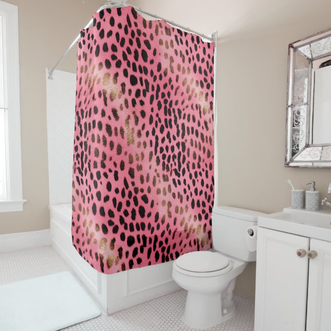 Rideaux De Douche Empreinte de léopard noir rose Abstrait (En situation)