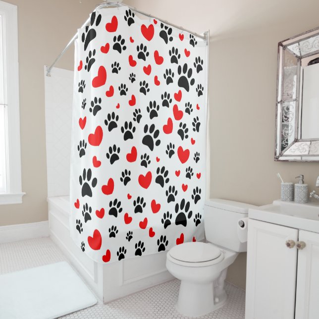 Rideaux De Douche Empreintes de pattes De Chiens Random Et Coeurs Ro (En situation)