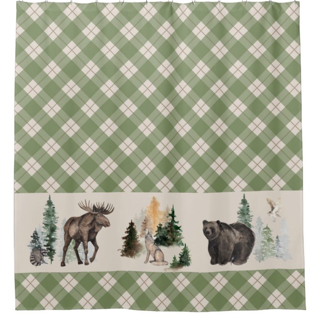 Rideaux De Douche en vichy Aquarelle Plaid Forêt animale (Devant)