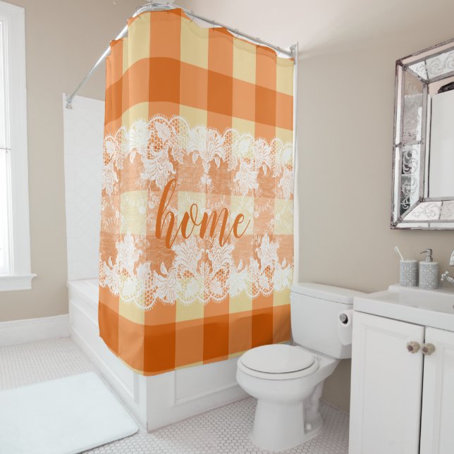 Rideaux De Douche en vichy orange motif blanc dentelle maison script (En situation)