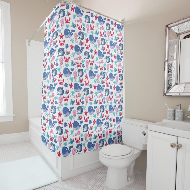Rideaux De Douche Enfants Bleu joyeuse Baleines (En situation)