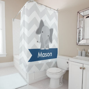 Rideaux De Douche Enfants gris d'éléphant de Chevron de bleu marin