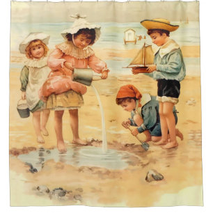 Rideaux De Douche Enfants victoriens vintage à la plage, Beaux-arts