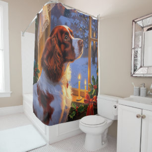 Rideaux De Douche Épagneul breton avec lumières de Noël vacances