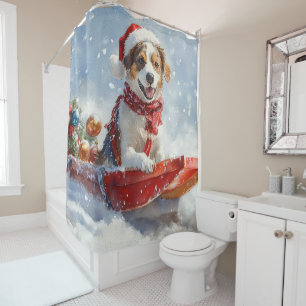 Rideaux De Douche Épagneul breton dans un traîneau de Noël