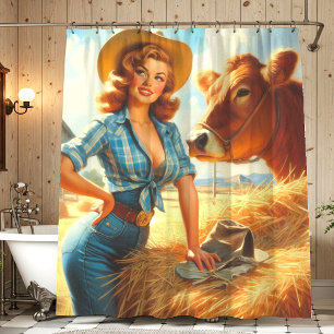 Rideaux De Douche Épinglette de cowgirl mignonne vintage
