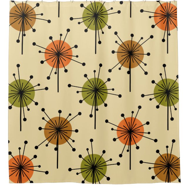 Rideaux De Douche Époque Atomique Spoutnik Starburst Fleurs Tons Ter (Devant)