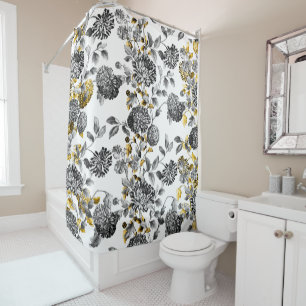 Rideaux De Douche Équilibre floral d'or floral blanc noir de Toile