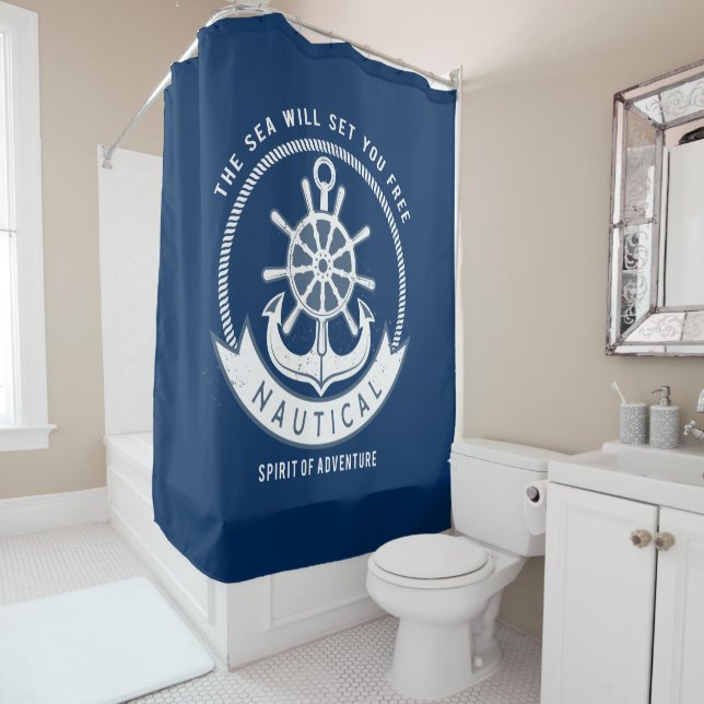 Rideaux De Douche Esprit nautique Ancre, Roue, Bleu marine (En situation)