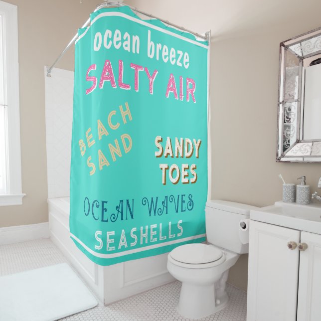 Rideaux De Douche Été Turquoise Plage Sable Typographie (En situation)