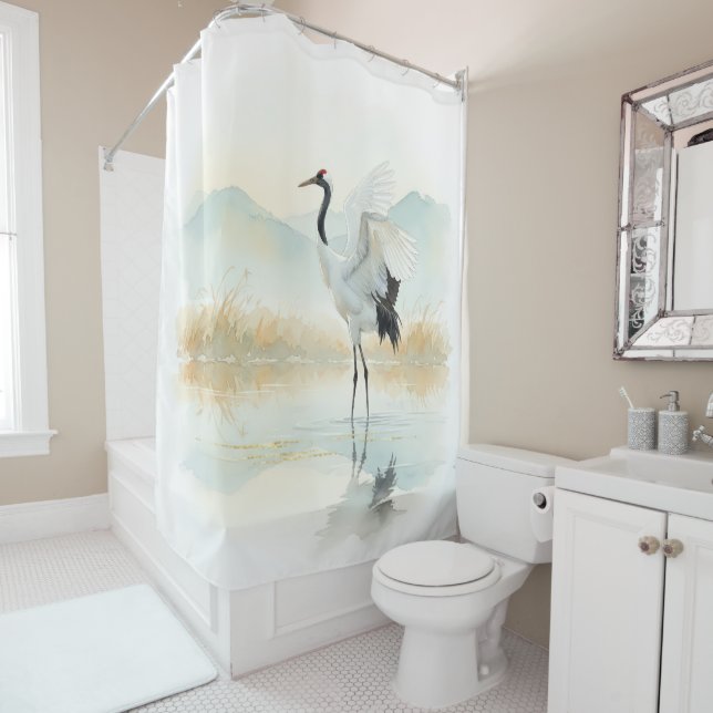 Rideaux De Douche Ethereal Crane Elegance (En situation)