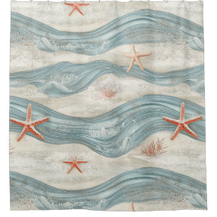 Rideaux De Douche Étoile de mer côtière sur motif de vagues de sable
