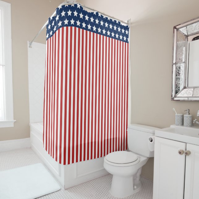 Rideaux De Douche Étoiles et rayures patriotiques Rouge Blanc et Ble (En situation)