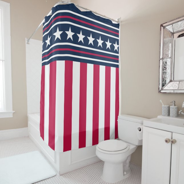 Rideaux De Douche Etoiles modernes en bandes Rouge Blanc et Bleu (En situation)