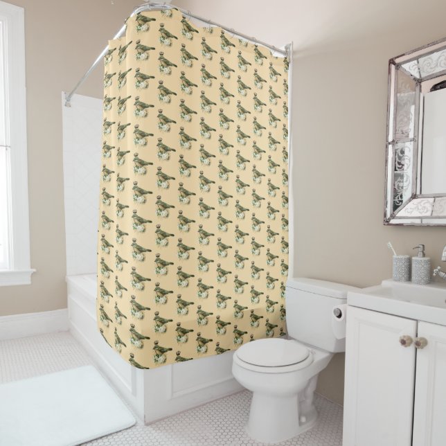 Rideaux De Douche Fancy Motif d'oiseaux de la Couronne sur Peach (En situation)