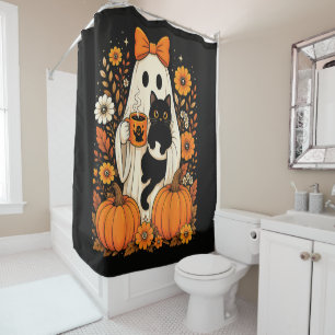 Rideaux De Douche Fantôme groovy d'Halloween tenant un chat noir flo