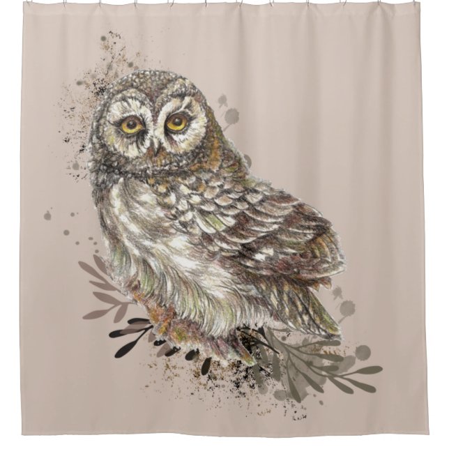 Rideaux De Douche Faune Aquarelle Art Nature, Chouette, Oiseau, (Devant)
